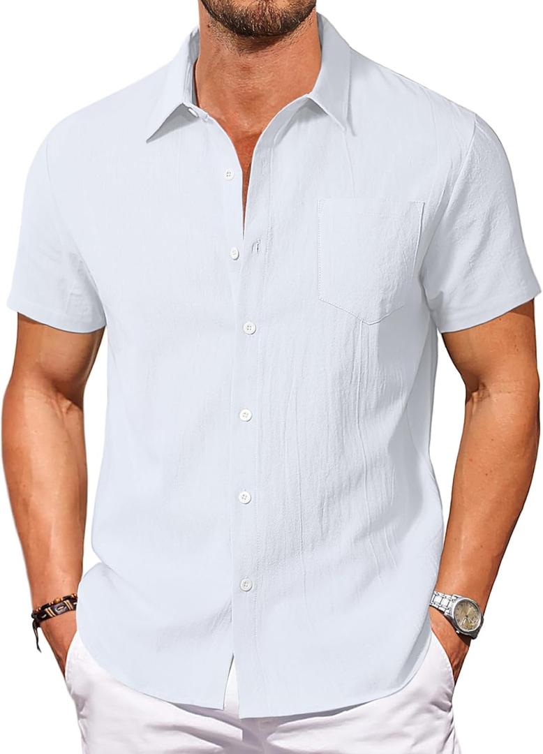 Vssjavun Mens Short Sleeve Button Down Shirts Casual Cotton Shirt Summer Beach Shirts (White, XXXL)