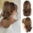 14 Inch Ponytail Extension - Clip in Ponytail Hair Extensions, Curly Wavy Pony Tails Hair Extensions, Synthetic Claw Clip Ponytail Extension for Women (Color: Chestnut Brown With Golden Highlights)