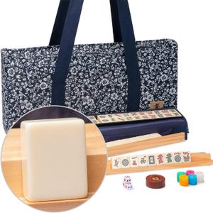 Yellow Mountain Imports American Mahjong Game Set, Blue Calico with Floral Blue Soft Case - All-in-One Racks with Pushers, Wright Patterson Scoring Coins, Dice, and Wind Indicator