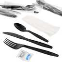 AmerCareRoyal 6-in-1 Disposable Silverware Heavy Weight Plastic Utensil Set with Teaspoon, Fork, Knife, Salt & Pepper Packets, 13x17 Napkin - Individually Wrapped Cutlery Meal Kit, Black, Case of 250