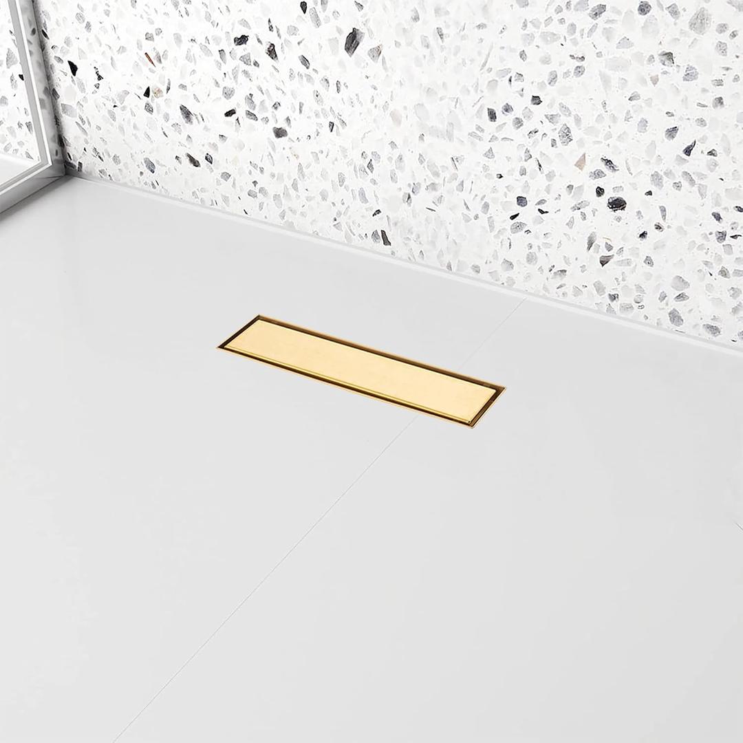 12 inch Linear Shower Drain with Removable Square Hole Panel by Using Brushed 304 Stainless Steel Process, Linear Drain Equipped with Adjustable Feet and Hair Strainer(Brushed Gold Color)