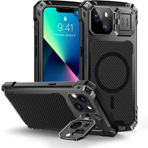Lanhiem for iPhone 13 Metal Case with Camera Cover & Stand [Compatible with MagSafe] [Built-in Kickstand] [Military-Grade Protection] Heavy Duty Rugged Magnetic Phone Case, Black