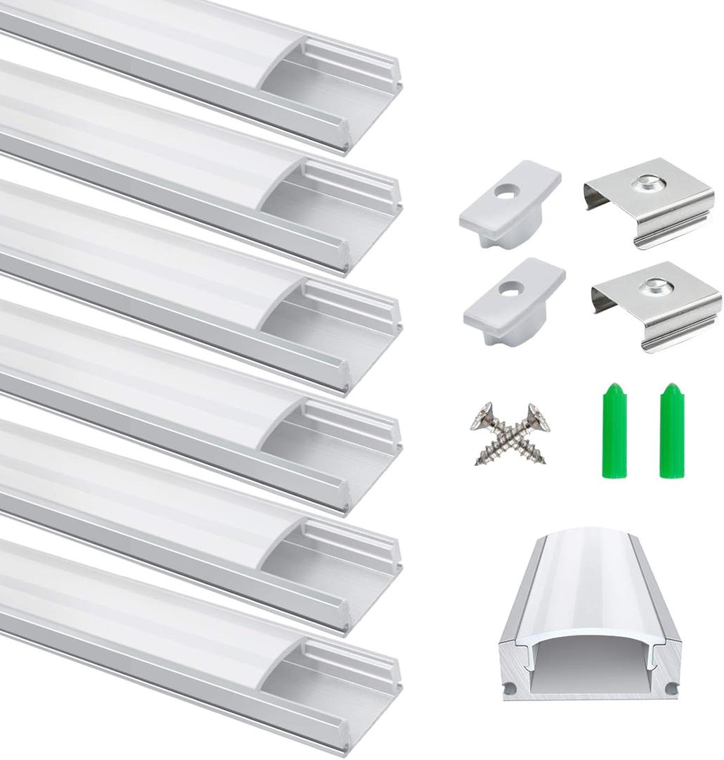 W LightingWill LED Aluminum Profile Channel 6-Pack 3.3ft/1Meter Silver U-Shape Diffuser With Milky White Cover, End Caps, Mounting Clips, Aluminum Extrusion
