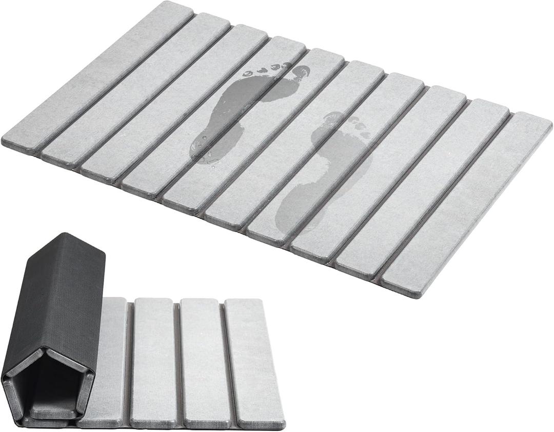 AWW Foldable Stone Bath Mat, Super Absorbent Diatomite, Non-Slip Quick Drying Mat, Compact, Light Grey, 23.6 x 15.5 Inch