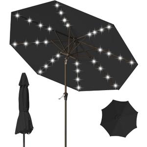 9FT Patio Umbrella with Solar Lights,Outdoor Market Umbrella with Tilt and Crank, LED Lighted Table Umbrella for Garden,Deck,Backyard,Pool,Beach (Black)