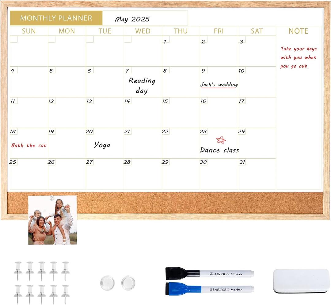 ARCOBIS Calendar Whiteboard with Cork Board, 36"x24" Wood Frame Dry Erase Calendar for Wall, Magnetic Monthly Combination Board for Home, Office, School, Kitchen, Beige