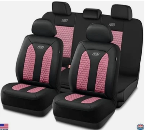 Skechers Memory Foam Car Seat Covers - Hexcomb Design, Breathable, Airbag Safe, Pink, Full Set