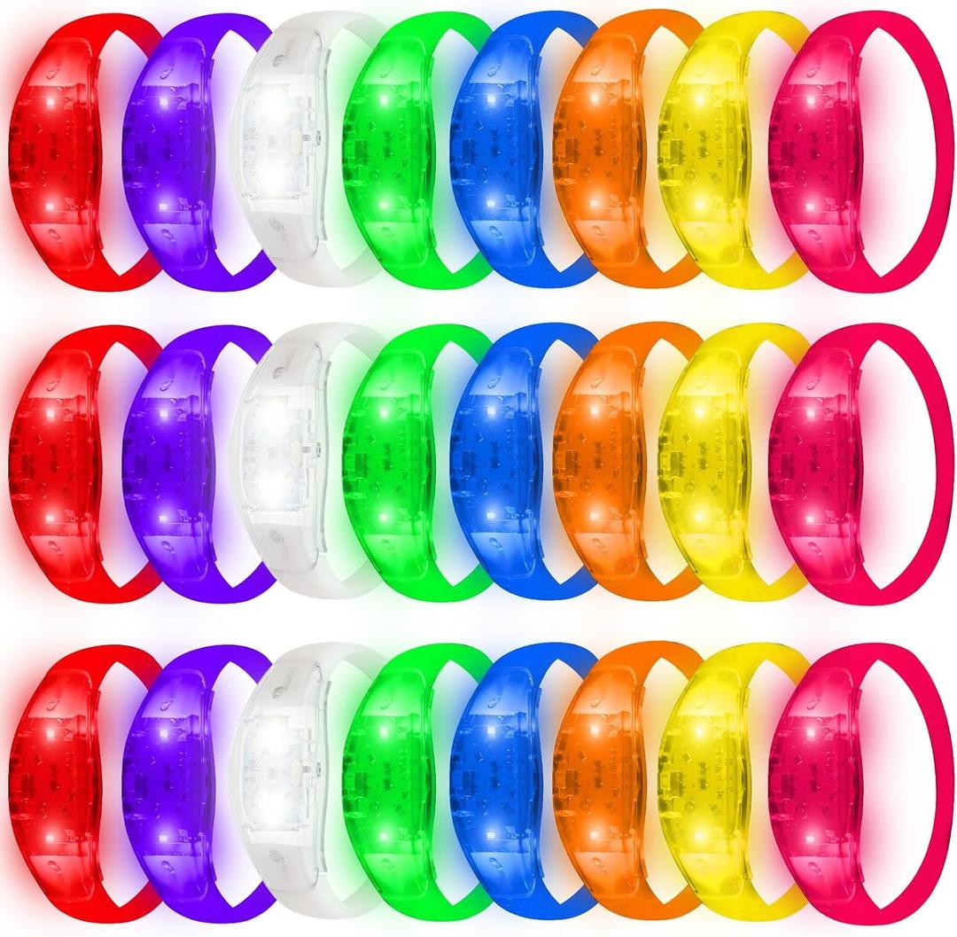 24 Pack Light UP Bracelets Sound Activated Flashing Bracelet Music Control Glow in the Dark Bracelets for Rave Game Prizes Carnival Concerts Night Events Mardi Gras Party Favors