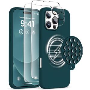 Magnetic for iPhone 16 Pro Case, Compatible with Magsafe, Suction Cup Phone Mount, 2 Screen Protectors - Camera Protector, Silicone Shockproof Protective Phone Cover 6.3", Dark Green