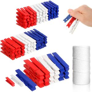 120 Pcs Christmas Colored Clothes Pins 3 Size Wooden Clothespins with 328 ft Jute Rope, Mini Christmas Photos Clips for Craft Photo Peg Hanging Picture Party Favor Home Decorations(Red, White, Blue)
