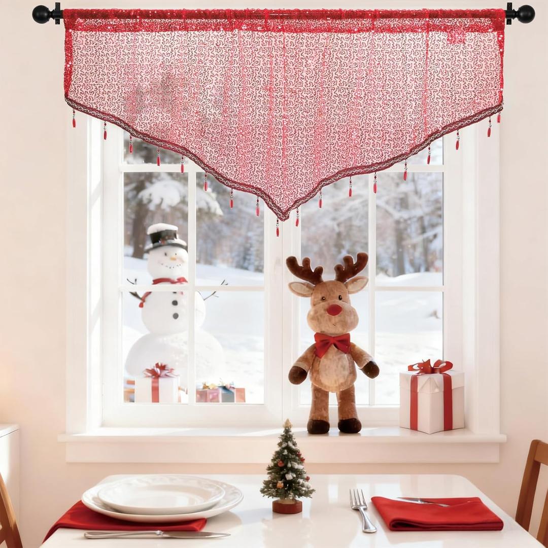 Home Queen Sequin Valance Curtain with Beaded Tassel Trim, Sheer Triangle Window Treatment for Kitchen, Living Room, Bedroom, Holiday Decor, 51" Wx21 L, 1 Panel, Red