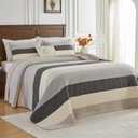 FineStichery Oversized King Quilt Bedspread Coverlet 128x120, 100% Cotton California King Quilt with Pillow Shams, Soft Yarn Dyed Striped Bedding Set, Color: Gray/White/Oatmeal Gray