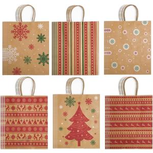 Infanote Christmas Gift Bags With Handles 24 Pcs Kraft Paper Treat Candy Goodie Bags Xmas Bulk Pack for Kids Adults Xmas Theme Party Favor Supplies Holiday Goody Bundle