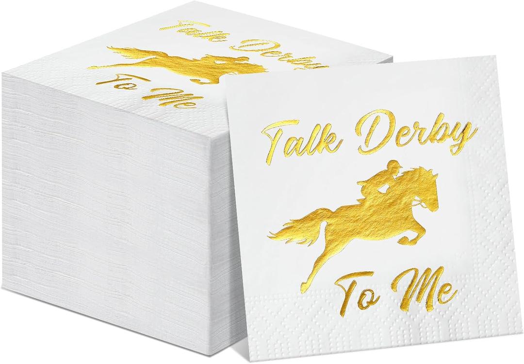 Pasimy 100 Pieces Talk Derby to Me Napkins Bulk Derby Day Cocktail Napkins Decorative Horse Racing Party Napkins for Horse Race Run for the Roses Party Decoration Supplies (Foil)
