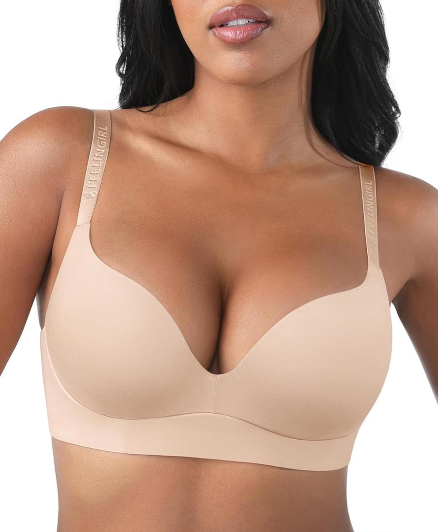 FeelinGirl Wireless Bras Comfortable Push Up Bra Full Support Lift Bralette Seamless Tshirt Bras (Beige) 34B