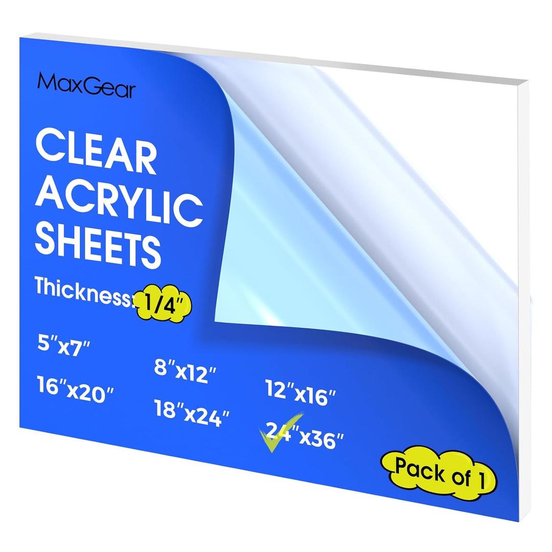 MaxGear Plexiglass Sheets 24"x36" Acrylic Sheets 1/4 inch Thick Clear Plastic Cut to Size Board for Art, Crafts, Frames, Signs, DIY in Wedding, Party, 1 Pack (24"x36"-1/4 Diameter-1 Pack)