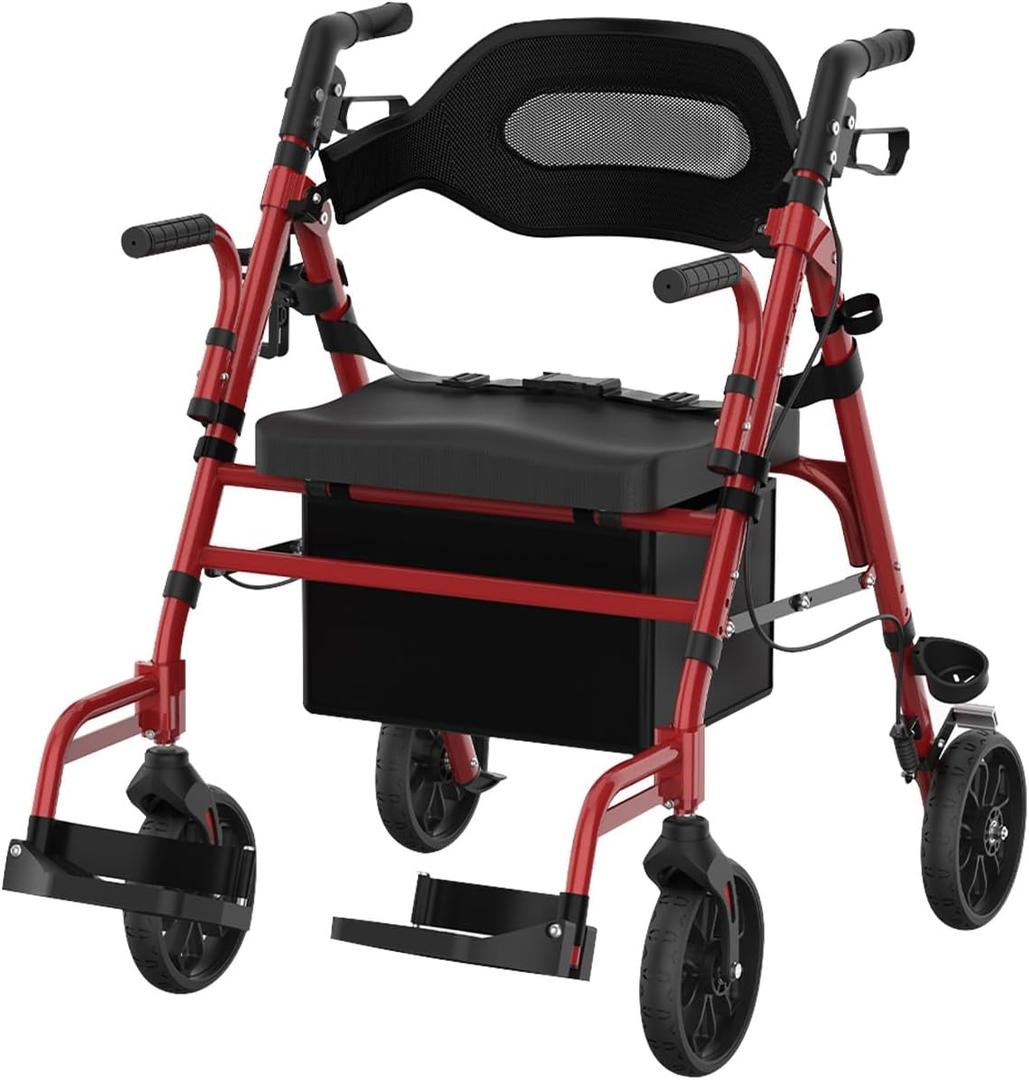 Walkers for Seniors with Seat, 2 in 1 Rollator Walker & Transport Chair with Reversible Backrest & Detachable Footrests, Folding Wheelchair with 8" Anti-Slip PU Wheels, Red