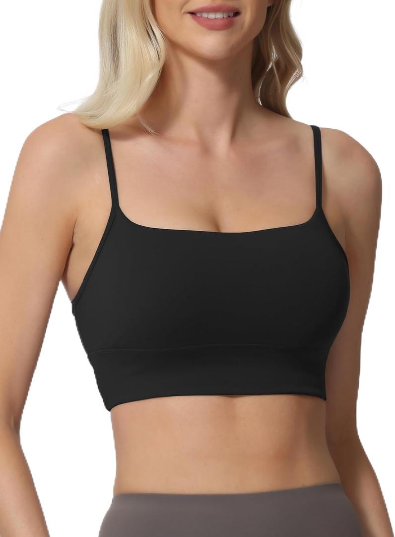 Sports Bras for Women Spaghetti Strap Padded for Yoga Running Gym Workout, Wireless Scoop Neck Bras Crop Tank Top (Black, M)