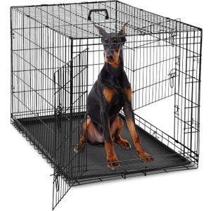 DUMOS Dog Crate, 48 Inch Extra Large Double Door Dog Cage with Plastic Leak-Proof Pan Tray, Folding Metal Wire Pet Kennel for Indoor, Outdoor, Travel