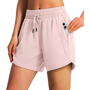 Ksmien Women's 5" Athletic Running Shorts Quick Dry Lightweight Workout Gym Shorts with Zipper Pockets UPF 50+ Pink M
