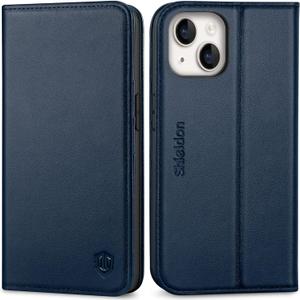 SHIELDON Case for iPhone 14 5G 2022, Genuine Leather Flip Wallet Magnetic Kickstand RFID Blocking Protection Credit Card Holder with Shockproof Case Compatible with iPhone 14 (6.1") - Navy Blue