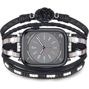 KOREDA Boho Leather Bracelet Compatible for Apple Watch Band 38mm 40mm 41mm 42mm 44mm 45mm 46mm Series 11 10 9 8 7 SE Women, Handmade Multilayer Wrap Beaded Jewelry Apple Watch Strap for iWatch Series 6/5/4/3/2/1 (Black)