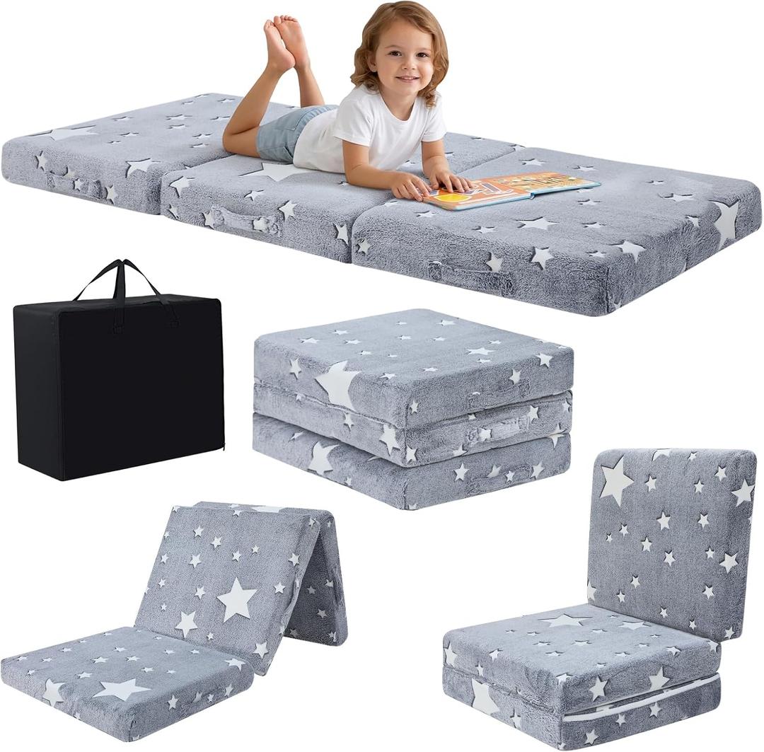 MeMoreCool Foldable Floor Mattress for Kids, Glow Star Trifold Mat, Kids Folding Mattress Portable Futon, 57x22 Inch Grey, 57x22x3 Inch