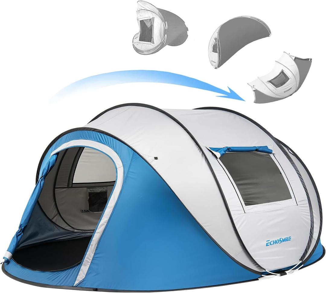 EchoSmile Pop Up Camping Tent, 4 Person Easy Setup Tent, Water Resistant Dome, Portable with Carry Bag, Blue & Gray