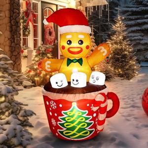 WBHome 5 Ft Christmas Inflatable Gingerbread Man in Cocoa Outdoor Decorations, Xmas Blow Up Yard Decor with Builtin LED Light for Lawn Home Party Indoor Outdoor
