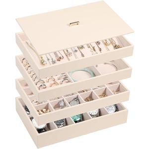 Voova Stackable Jewelry Organizer Tray with Lid, PU Leather Jewelry Storage Holder for Drawer Inserts, Jewellery Display Box Case for Earring Necklace Ring Watch Bracelet (Set of 4, Apricot)
