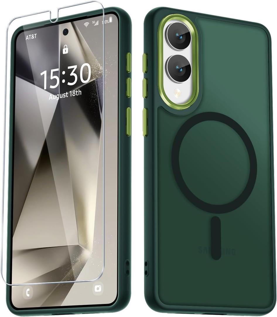 for Samsung Galaxy S25 Edge Case, Matte Magnetic Phone Case with 1 Screen Protector, Support for Magsafe, Translucent Frosted Shockproof Protective Cover for Samsung Galaxy S25 Edge, Dark Green