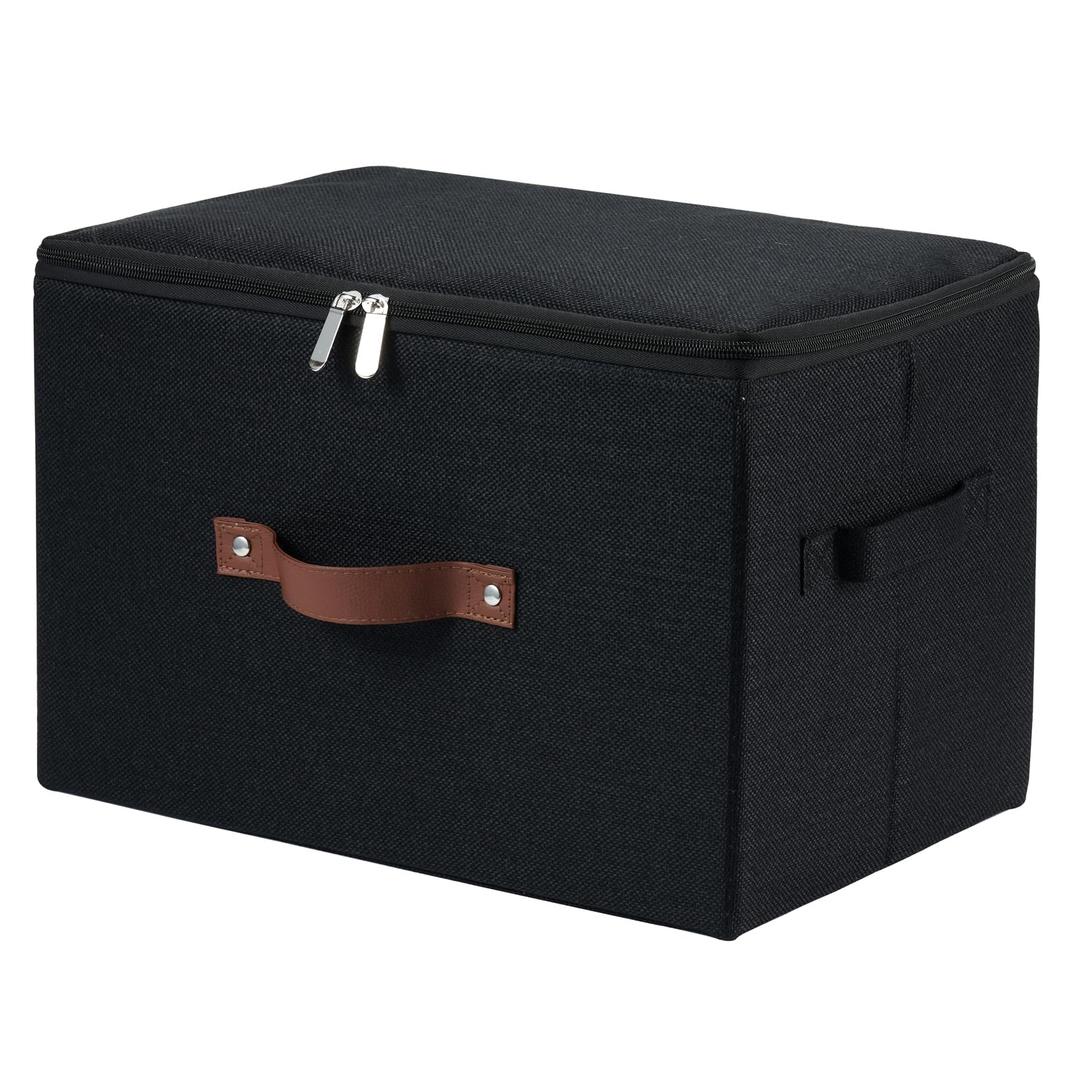 HYVAKUPPA Storage Bins with Zipper Lid Foldable Fabric Lidded Storage Boxes Baskets Cubes Washable Collapsible PU Leather Handle Cotton Linen Fabric Shelf Closet Organizer Container(Black, Large Size)