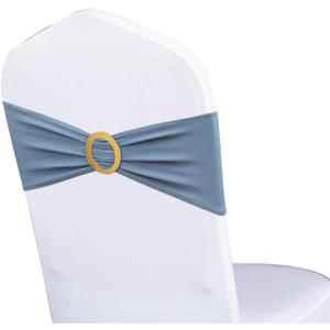 Pack of 50 Spandex Dusty Blue Chair Sashes with Gold Buckles, Stretch Chairs Bands Bows for Wedding Birthday Party Baby Shower Christmas Events Decorations (Dusty Blue Sashes, Gold Buckles)