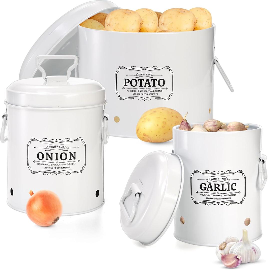 Suwimut Set of 3 Vegetable Storage Tins, Metal Potato Onion Garlic Storage Bin, Kitchen Canisters Vegetable Fresh Keeper Garlic Container Onion Keeper Potato Bin with Aerating Holes and Lid