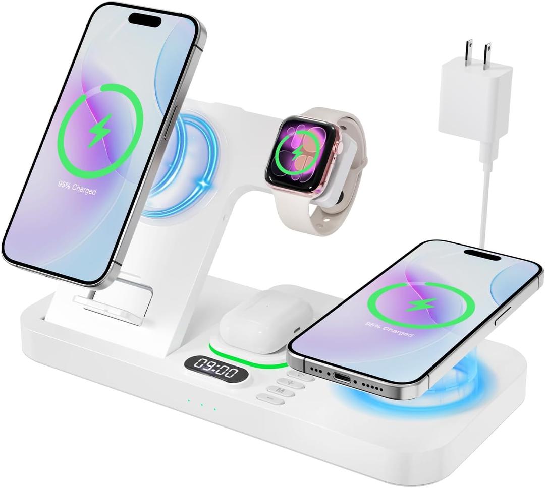 Dual Phone Magnetic Wireless Charging Station for Apple Devices/Apple Ecosystem,with Auto-Switch 7-Color Light & Clock, Compatible with iPhone 17/16/15, for iWatch 11/10/9 & AirPods Pro3Cream