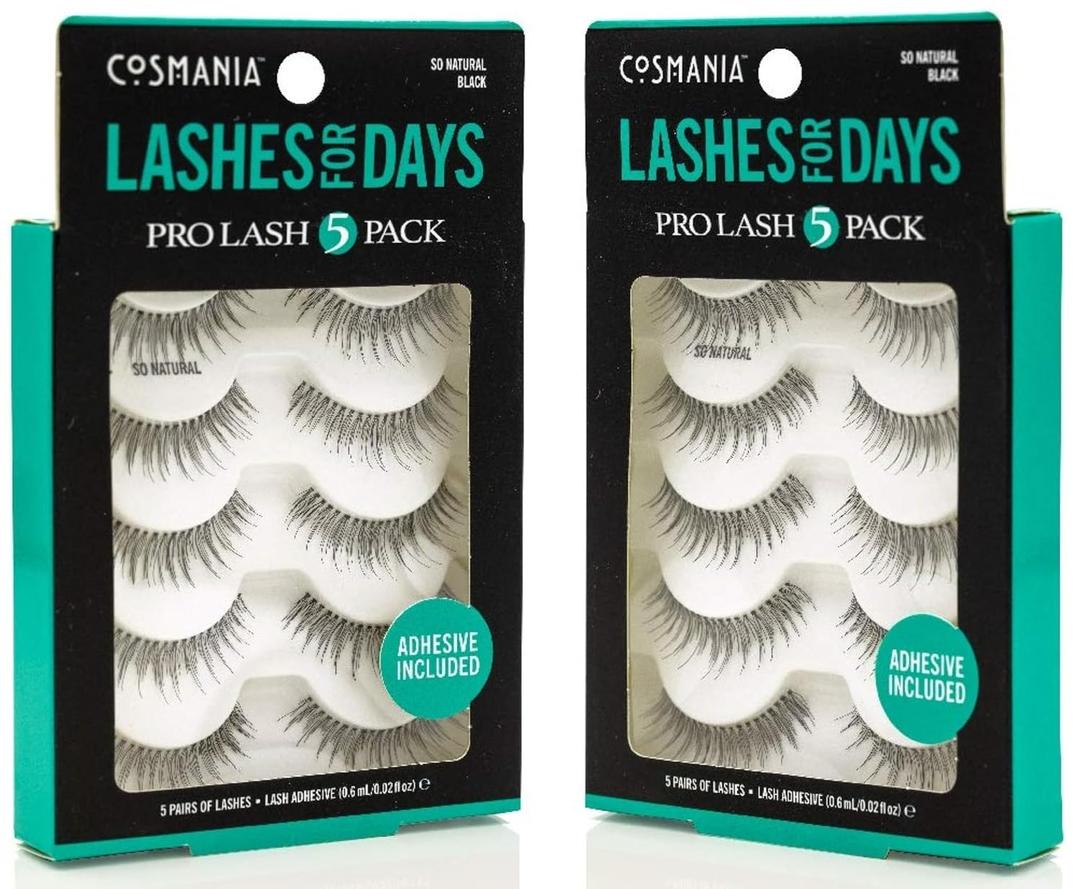 Cosmania Lashes for Days False Eyelashes (So Natural) - Easy to Apply, Natural Looking | Noticeably Fuller Looking Lashes | Adhesive Included (5 Pack/2 Pair - Black)