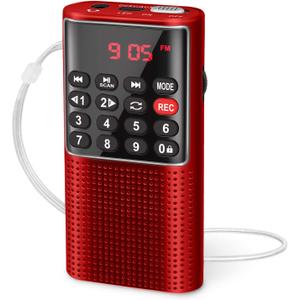 PRUNUS J-328 Mini Portable Pocket FM Radio MP3 Walkman Radio with Recorder, Gifts for Mom, Lock Key, SD Card Player, Rechargeable Battery Operated(NO AM) Red