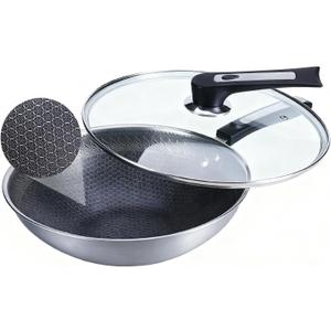 13 Inch Nonstick Frying Pan,Stainless Steel Frying Pan, Skillet with lid Suitable for Induction,Ceramic,Gas Cooktops and Ovens