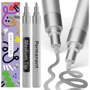ARTISTRO 2 Silver Permanent Marker - Waterproof Markers for Tire, Fabric, Rocks, Glass, Ceramic, Wood, Paper - Oil Based Paint Pens - Medium Tip 3mm