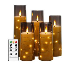 Flameless LED Candles with Timer 5 Pc Flickering Flameless Candles for Romantic Ambiance and Home Decoration Stable Acrylic Shell,with Embedded Star String，Battery Operated Candles, Grey