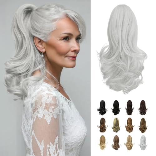 SOFEIYAN 13" Ponytail Extension Long Curly Ponytail Clip in Claw Hair Extension Natural Looking Synthetic Hairpiece for Women, Silver Grey