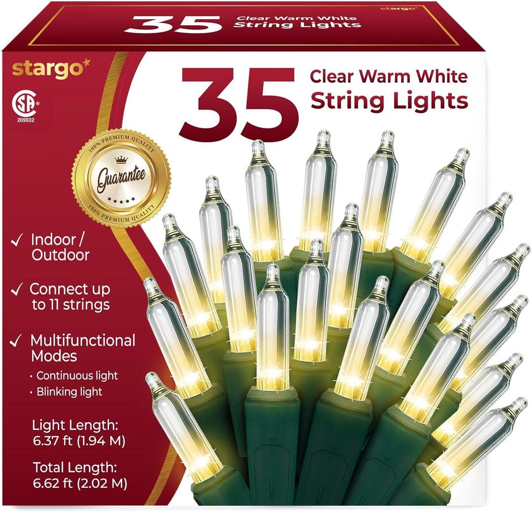 Clear Warm White Christmas Tree Lights - 6.3 ft String of 35 Incandescent Mini Bulbs Multifunctional Lighting Modes, for Decorative, Bedroom, Outdoor, Xmas Twinkle Lights with Green Wire Total 6.6 ft
