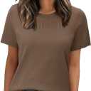 WIHOLL Short Sleeve Sweater for Women Trendy Summer Tops 2025 Early Fall Fashion Business Casual Outfits (Large, 03 - Brown)