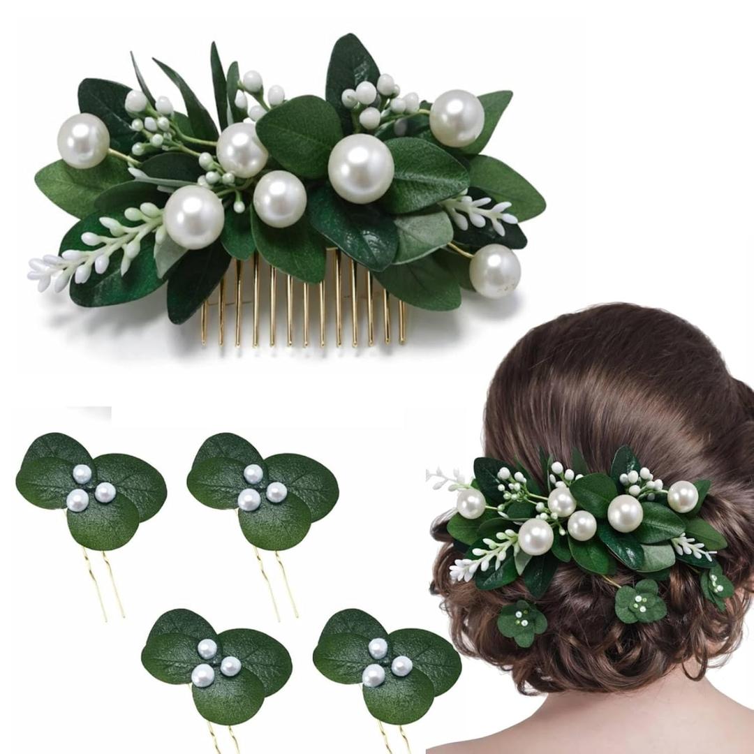 2 x Norme 5 Pcs Sage Green Bridal Hair Accessories Eucalyptus Brides Hair Pins for Wedding Comb Pearl and Leaf Wedding Accessories for Brides Bridesmaids Bridal Shower