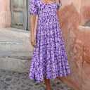 BTFBM Casual Women Summer Dresses 2024 Puff Sleeve Floral Maxi Dresses Smocked Backless Flowy Tiered Beach Long Dress (Purple, L)