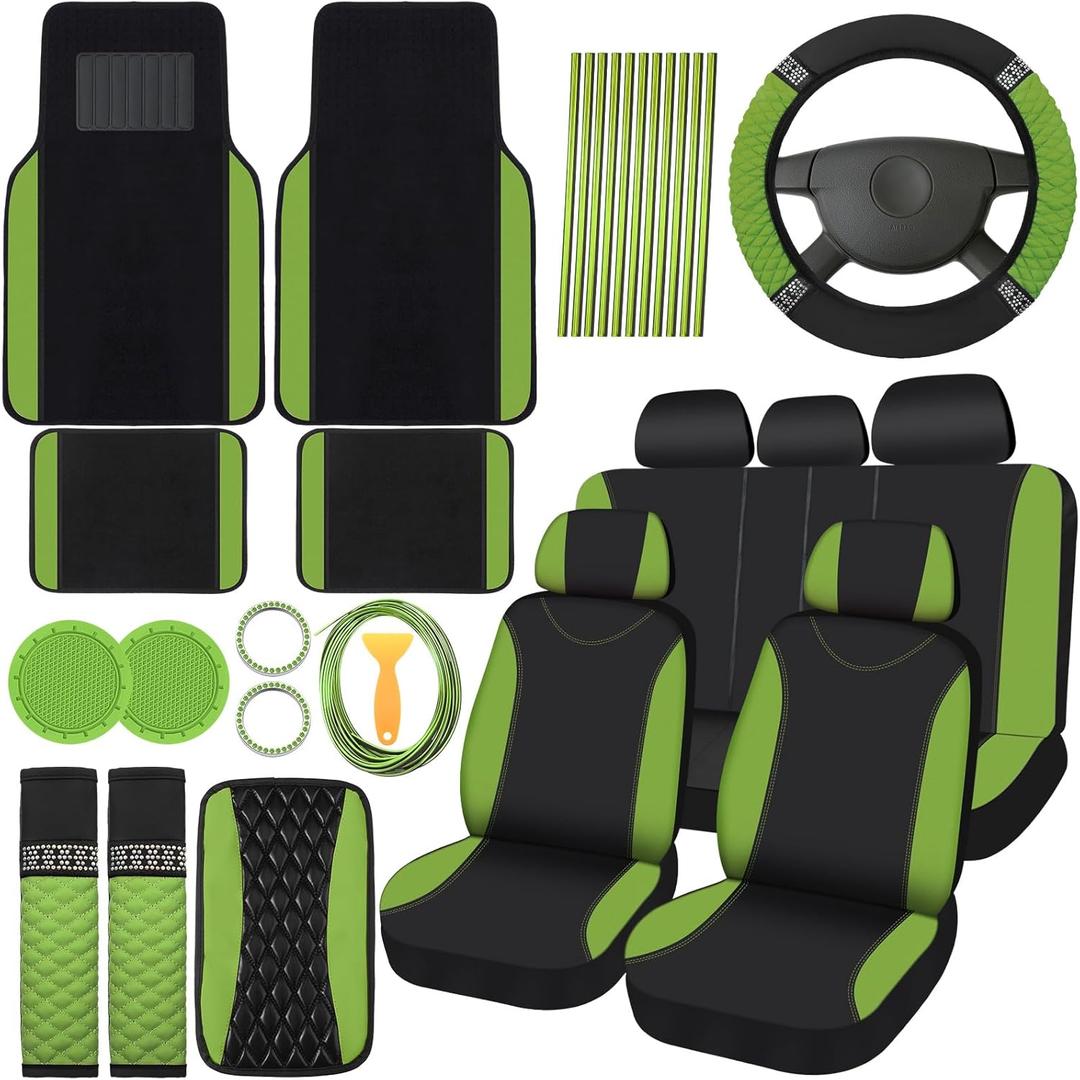 BBTO 43 Pcs Bling Car Accessories Set for Women Front Seats and Rear Bench Polyester Car Seat Protectors Wheel Cover Seat Floor Mats Full Crystal Automotive Interior Decor(Green)