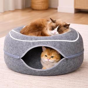 Meowfia Large Scratch-Resistant Peekaboo Cat Cave Donut Tunnel Bed Enclosure for Indoor Cats Multi-Cat Hideaway in Cute Patterns (Dark Gray)