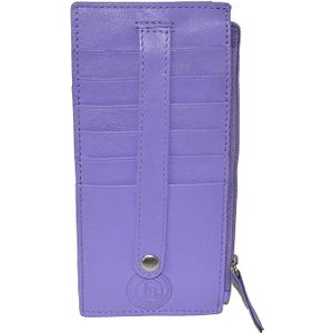 Leatherboss Genuine Leather Women's All in One Credit Business Card Case Holder Slim Zipper Wallet With a Card Protection Strap, Purple