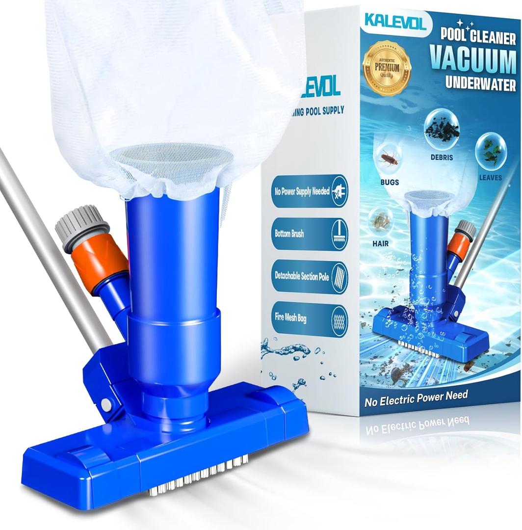 Pool Vacuum Cleaner for Above Ground Pool, Jet Underwater Cleaner with 3 Scrub Brushes & Nylon Mesh Net, Portable Pool Vacuum for Spa Fountain Pond Hot Tub Includes 47" Telescopic Pole, Dark Blue