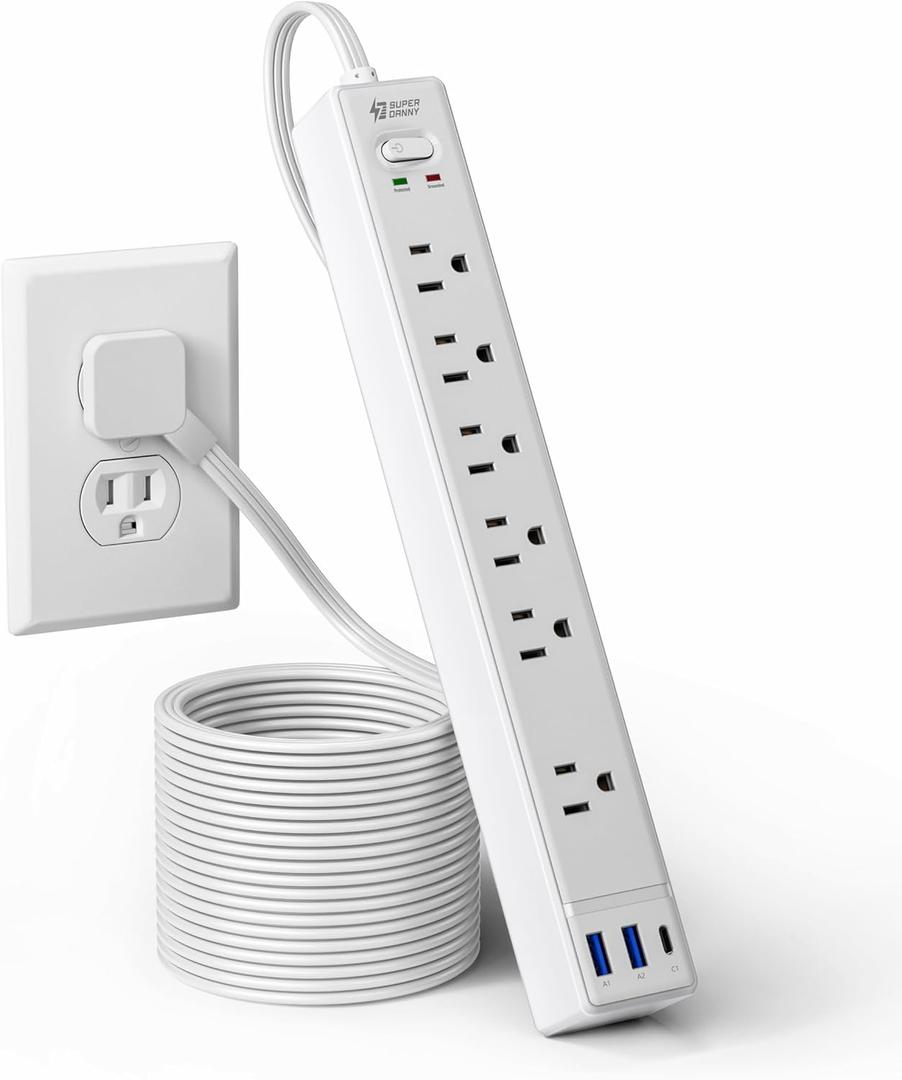 10Ft Extension Cord with Multiple Outlets, SUPERDANNY Flat Plug Surge Protector Power Strip 10 Ft Long Cord, 6 Outlets & 3 USB Ports, Charging Station for Home Office, College Dorm Room Essentials (White)